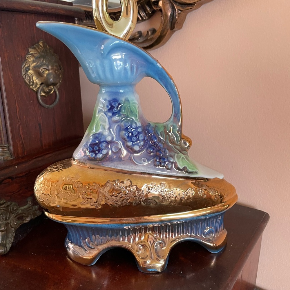 Vintage 70s Blues & Gold Floral Grapes Made in Italy Regal China Liquor Bottle.